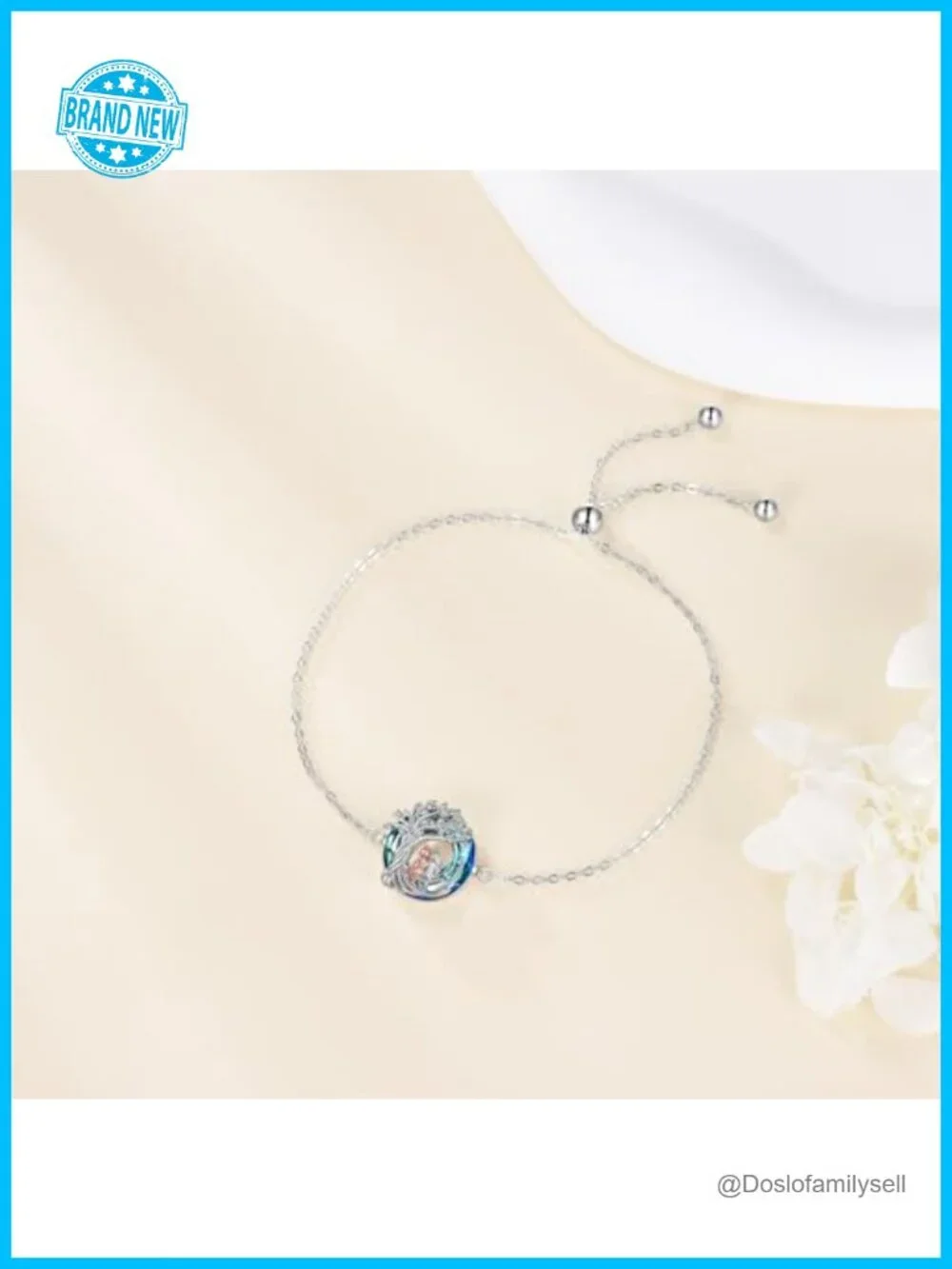 Sterling Silver Link Bracelet with Crystal Charm - Adjustable Chain Jewelry